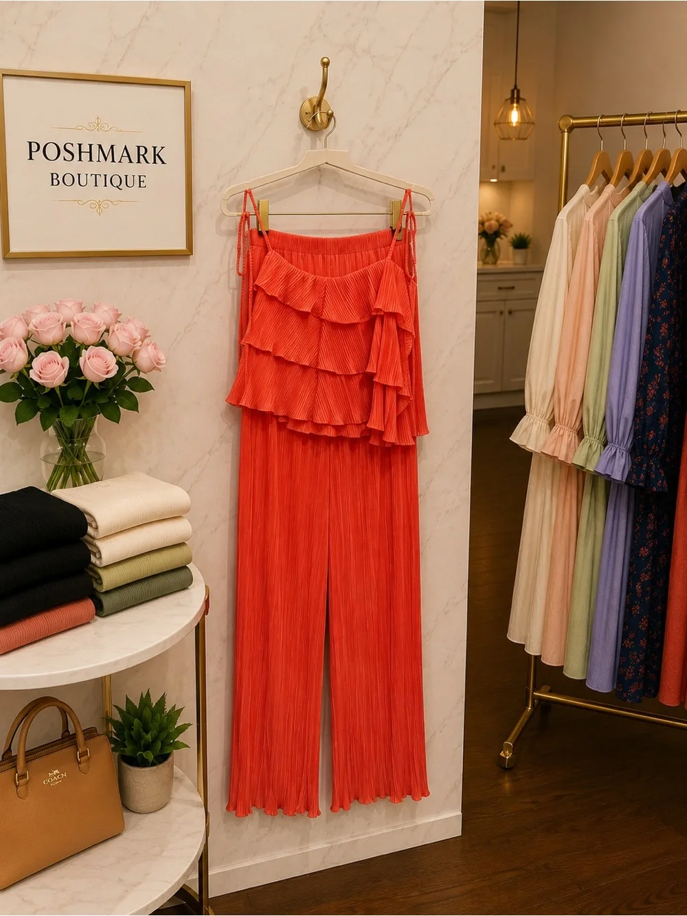 Boutique Coral Pleated Ruffle Tie Strap Wide Leg Matching Set